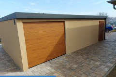 garáž s pultovou střechou vrata a dveře zlatý dub